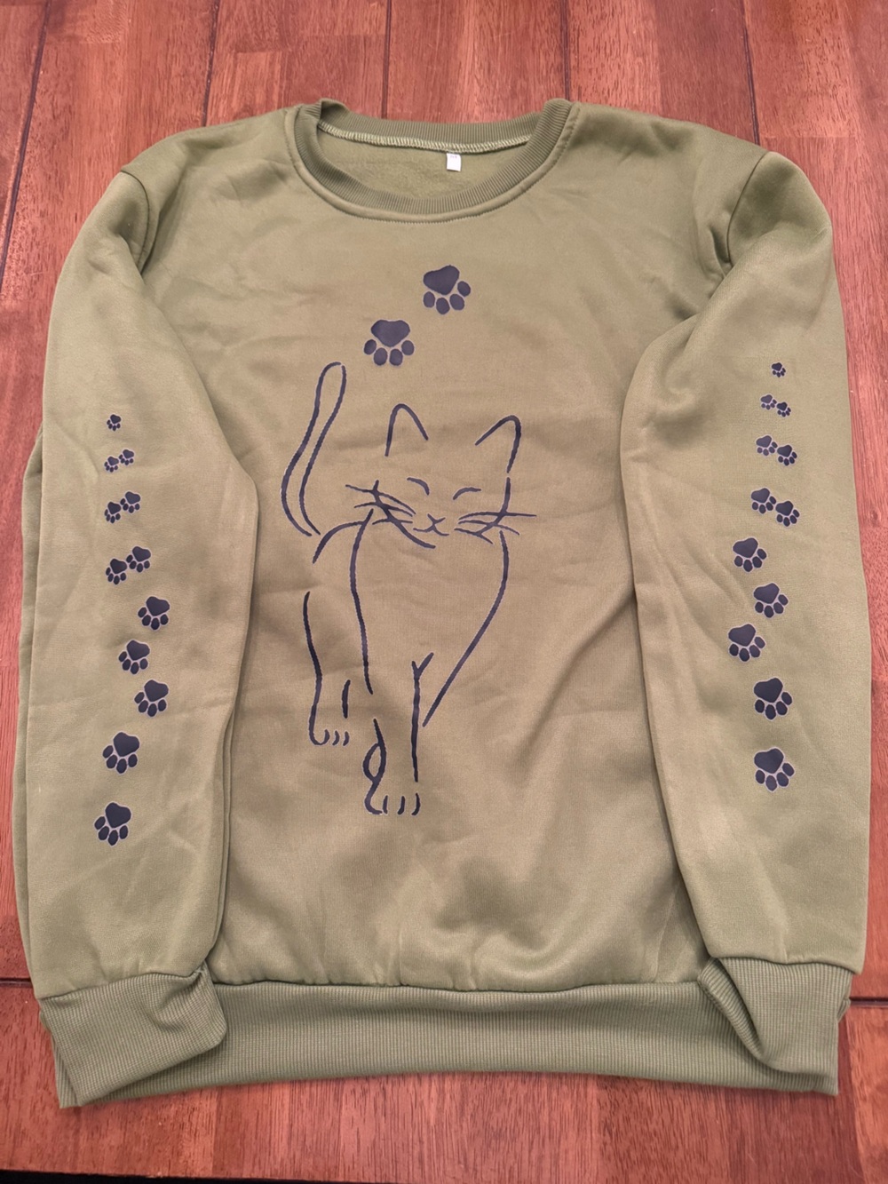 Green Cat Print Sweatshirt Cute Paw Print Sleeve Long Sleeve Pullover Top